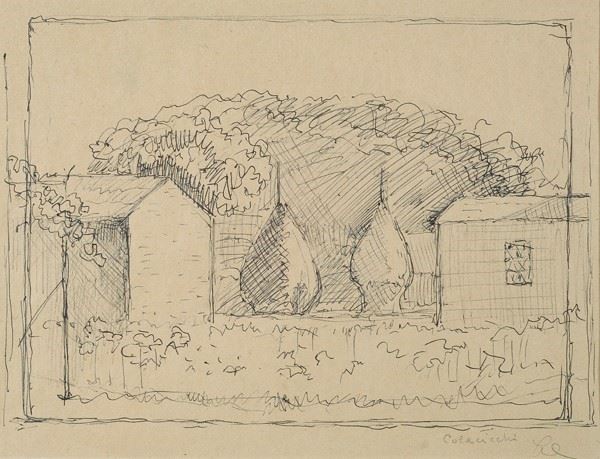 Giovanni Colacicchi - Paesaggio con case e pagliai