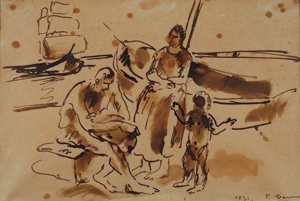 Felice Carena : La famiglia  (1931)  - Inchiostro su carta - Asta Autori del XIX e XX sec. - I - Galleria Pananti Casa d'Aste