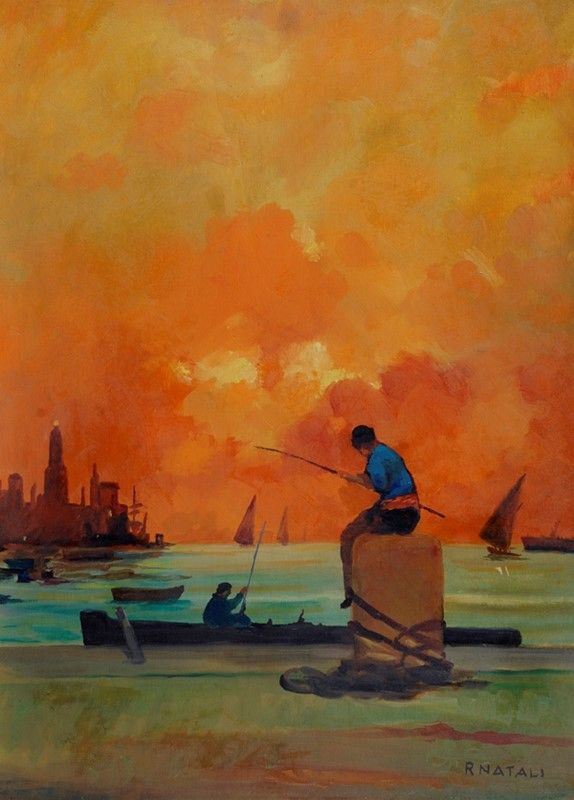 Renato Natali - Pescatore sulla bitta al tramonto