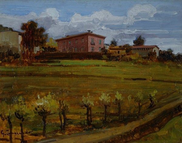 Giovanni Zangrando : Villa Gazzeri a Bivignano  - Olio su cartone - Asta Autori del XIX e XX sec. - I - Galleria Pananti Casa d'Aste