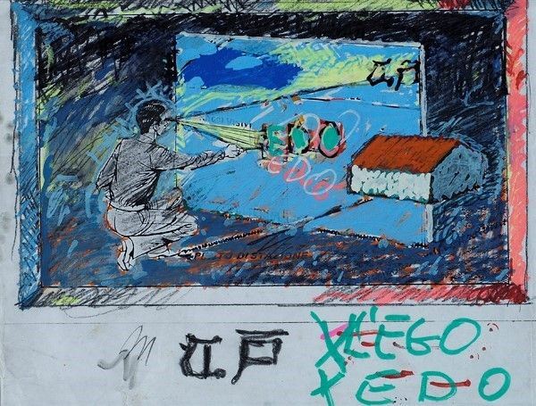 Mario Schifano : X L'Ego X L'Edo  (1990)  - Pennarelli, grafite su fotografia, su carta - Asta Autori del XIX e XX sec. - I - Galleria Pananti Casa d'Aste