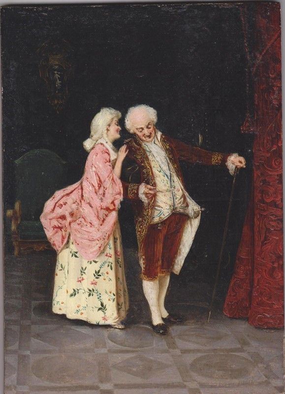 Anonimo, XIX sec. : Scena galante  ((1880 circa))  - Olio su tavola - Asta Autori del XIX e XX sec. - I - Galleria Pananti Casa d'Aste