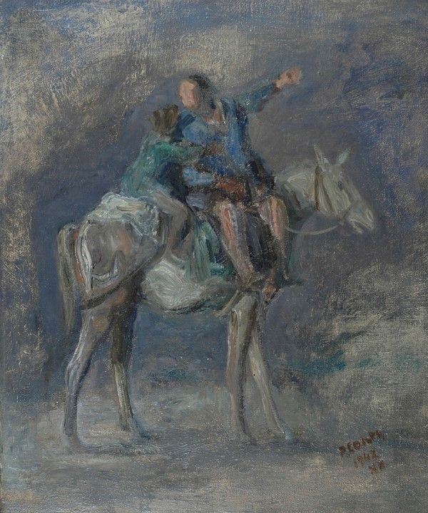 Primo Conti : Due figure a cavallo [Fuga in Egitto]  (1942)  - Olio su tela - Asta Autori del XIX e XX sec. - I - Galleria Pananti Casa d'Aste
