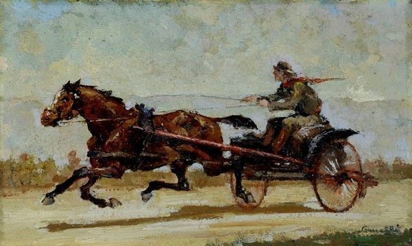 Guido Somelli : In carrozza  - Olio su compensato - Auction Autori del XIX e XX sec. - I - Galleria Pananti Casa d'Aste
