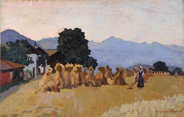 Llewelyn Lloyd : Paesaggio con covoni e figura  (1929)  - Olio su compensato - Auction Autori del XIX e XX sec. - I - Galleria Pananti Casa d'Aste