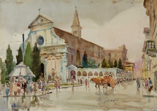 Giulio Falzoni : Santa maria Novella  (1943)  - Acquarello su carta - Asta Autori del XIX e XX sec. - I - Galleria Pananti Casa d'Aste