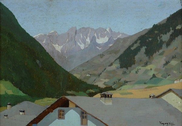Memo Vagaggini : Paesaggio con montagne  - Olio su tavoletta - Asta Autori del XIX e XX sec. - I - Galleria Pananti Casa d'Aste