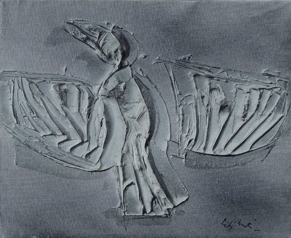 Giorgio Celiberti : Immagine pietrificata (dal ciclo dei corvi)  (1972)  - Tecnica mista su tela - Asta Autori del XIX e XX sec. - I - Galleria Pananti Casa d'Aste