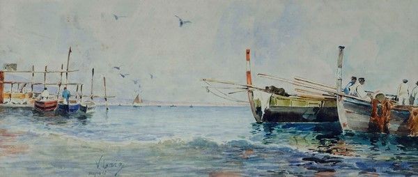 Vincenzo Loria : Marina con barche  - Acquerello su carta - Asta Autori del XIX e XX sec. - I - Galleria Pananti Casa d'Aste