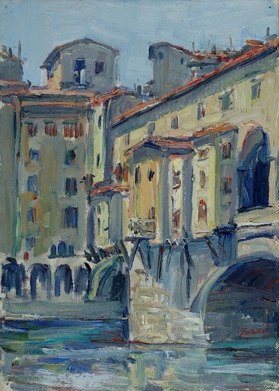 Antonio Zorzit : Ponte vecchio  - Olio su tela - Asta Autori del XIX e XX sec. - I - Galleria Pananti Casa d'Aste