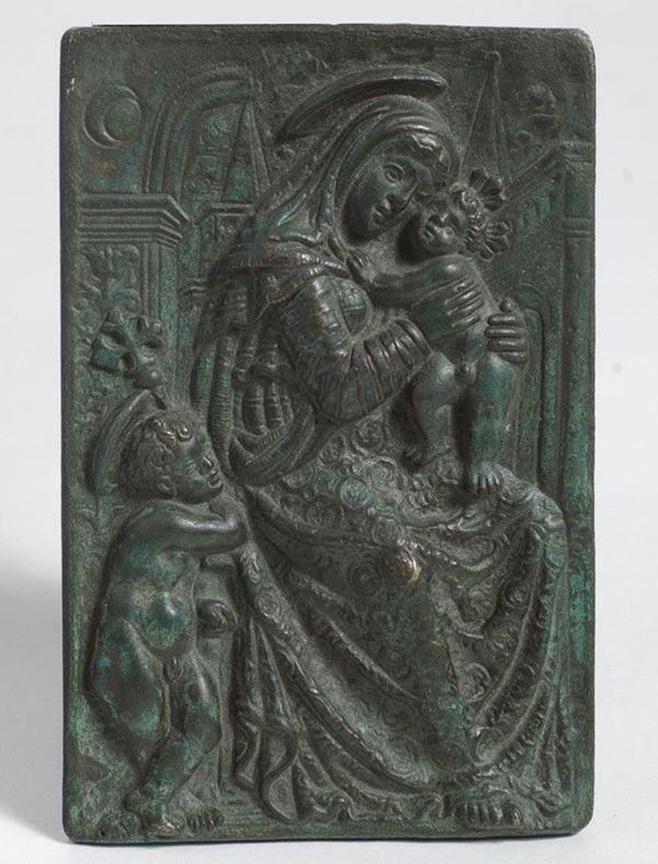 Scuola Toscana, fine XV sec. - Madonna col Bambino e San Giovannino