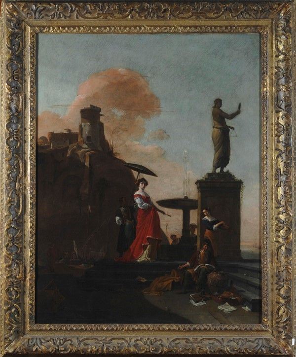 Thomas Wyck : Veduta ideale di un porto  - Olio su tela - Asta Dipinti dal XV al XX sec. e oggetti di antiquariato - Galleria Pananti Casa d'Aste