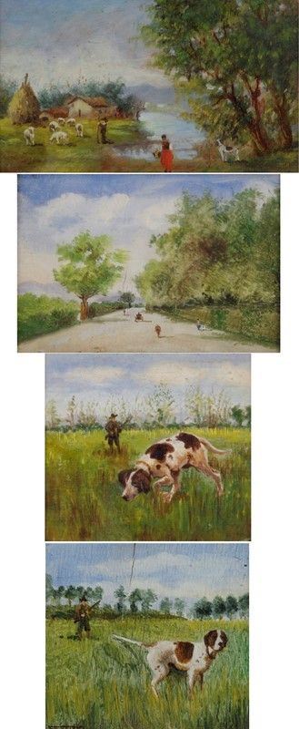 Anonimo, XIX - XX sec. - Due Paesaggi; due Scene di caccia