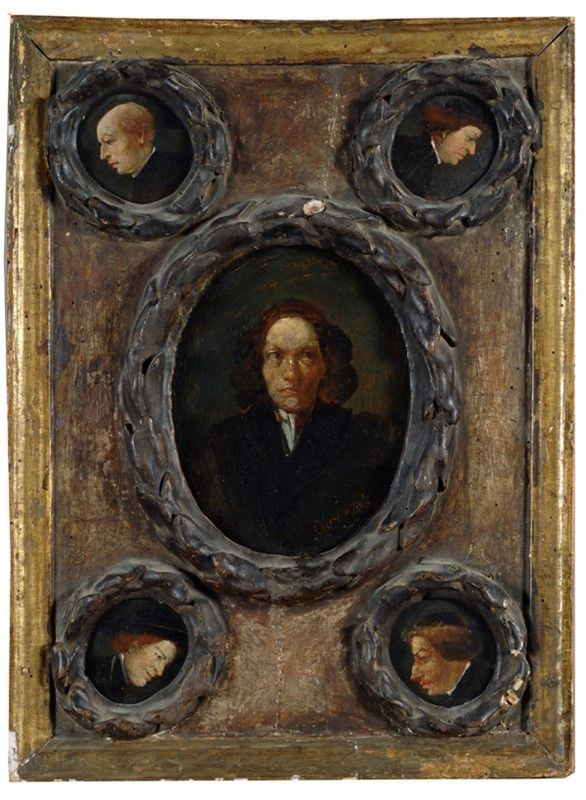 Scuola Lombarda, XIX sec. - Ritratti e caricature in cinque ovali