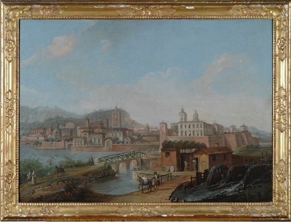 Attr. a Francesco Battaglioli - Veduta di città fluviale con mulino