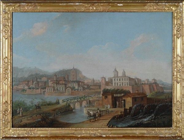 Attr. a Francesco Battaglioli - Veduta di città fluviale con mulino