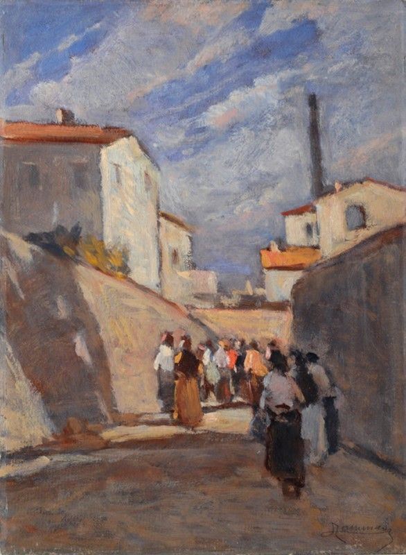 Ludovico Tommasi : Ritorno in fabbrica  - Olio su cartone - Asta Dipinti dal XV al XX sec. e oggetti di antiquariato - Galleria Pananti Casa d'Aste