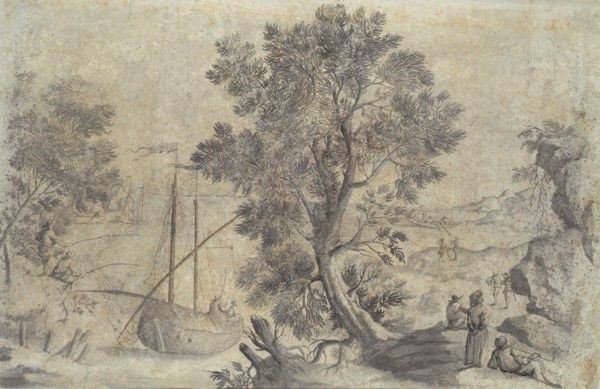 Anonimo, fine XVII sec. - Paesaggio fluviale con barche e figure alla turca