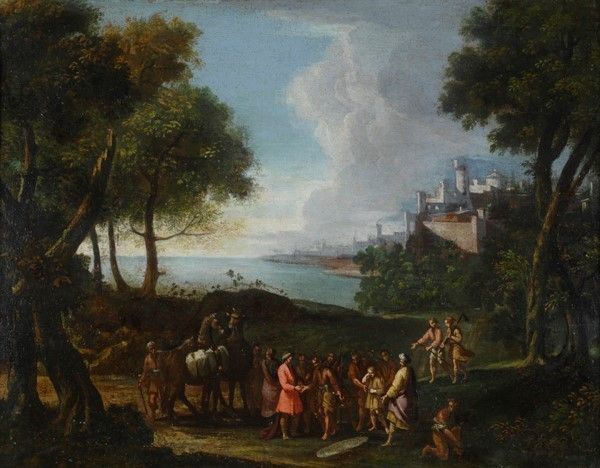 Scuola Italia Centrale, XVII sec. : Giuseppe venduto dai fratelli  - Olio su tela - Auction Dipinti dal XV al XX sec. e oggetti di antiquariato - Galleria Pananti Casa d'Aste