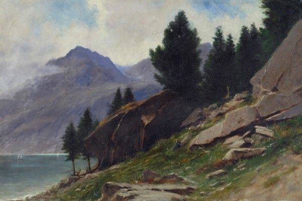 Scuola Europea, XIX sec. : Paesaggio lacustre con montagne  - Olio su tela - Auction Dipinti dal XV al XX sec. e oggetti di antiquariato - Galleria Pananti Casa d'Aste