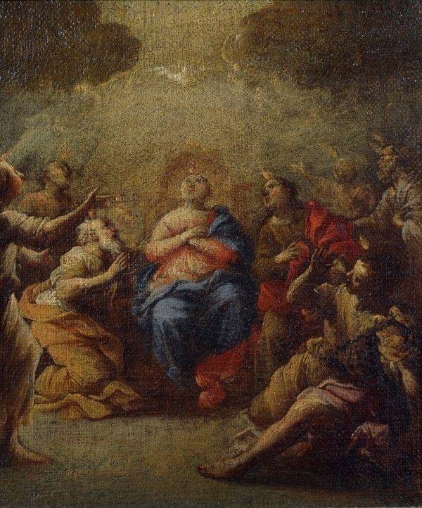 Scuola Genovese, XVII sec. : Lo Spirito Santo discende sulla Vergine e sugli Apostoli  - Olio su tela - Auction Dipinti dal XV al XX sec. e oggetti di antiquariato - Galleria Pananti Casa d'Aste