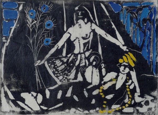 Scuola Tedesca, XX sec. : Due figure  - Xilografia a 3 colori su velina - Auction Arte moderna e contemporanea, Grafica ed edizioni - Galleria Pananti Casa d'Aste