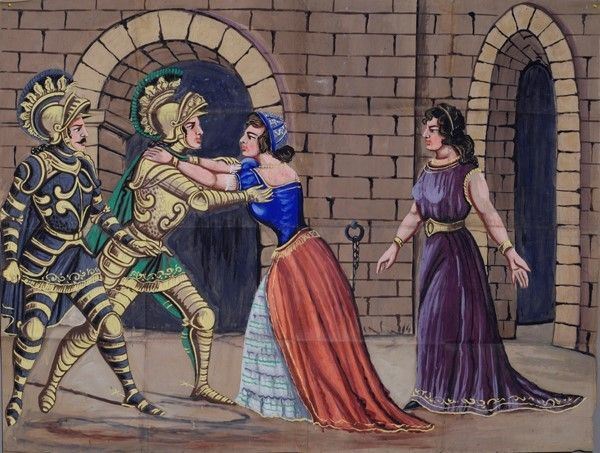 Fioravante abbraccia Dusalina, Galerana si dispera  - Auction Collezioni di cartelloni dell'opera dei pupi siciliani - I - Galleria Pananti Casa d'Aste