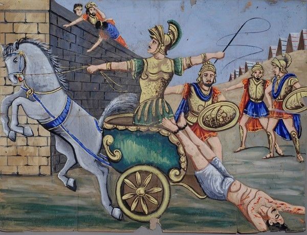L'assedio  di Troia: morte di Ettore per tradimento di Achille  - Auction Collezioni di cartelloni dell'opera dei pupi siciliani - I - Galleria Pananti Casa d'Aste