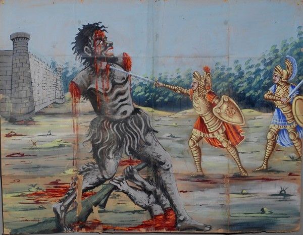 Dolores e straniero uccidono un gigante selvaggio  - Auction Collezioni di cartelloni dell'opera dei pupi siciliani - I - Galleria Pananti Casa d'Aste