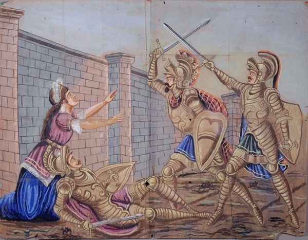 Oron  salva  Oronzo e Glariana e combatte con  Scendivante  - Auction Collezioni di cartelloni dell'opera dei pupi siciliani - I - Galleria Pananti Casa d'Aste