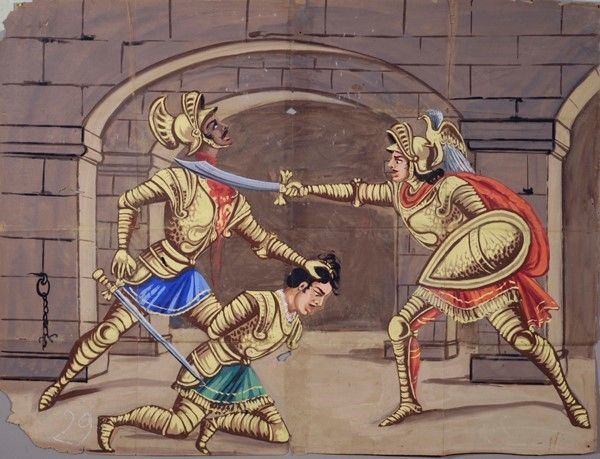 Argorante spacca la testa a Martaferro e libero suo cugino panguino dalla prigione  - Auction Collezioni di cartelloni dell'opera dei pupi siciliani - I - Galleria Pananti Casa d'Aste