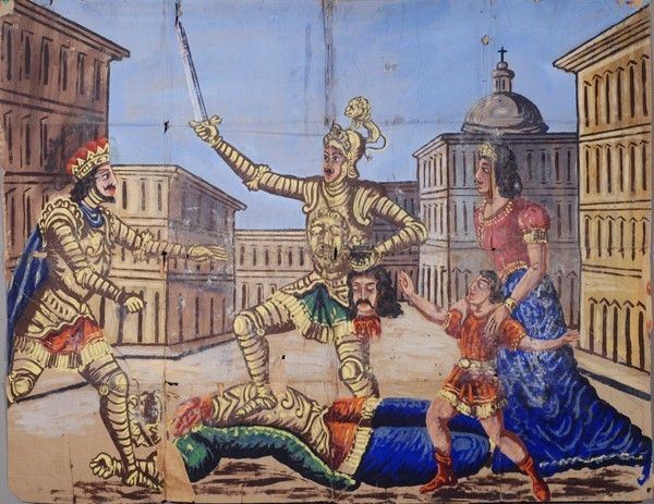 Tigreleone mette sul trono  Scira e il piccolo Sciove  - Asta Collezioni di cartelloni dell'opera dei pupi siciliani - I - Galleria Pananti Casa d'Aste