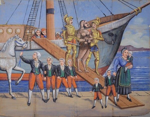 Sbarco di pulicani, e la famiglia di famiglio  - Auction Collezioni di cartelloni dell'opera dei pupi siciliani - I - Galleria Pananti Casa d'Aste