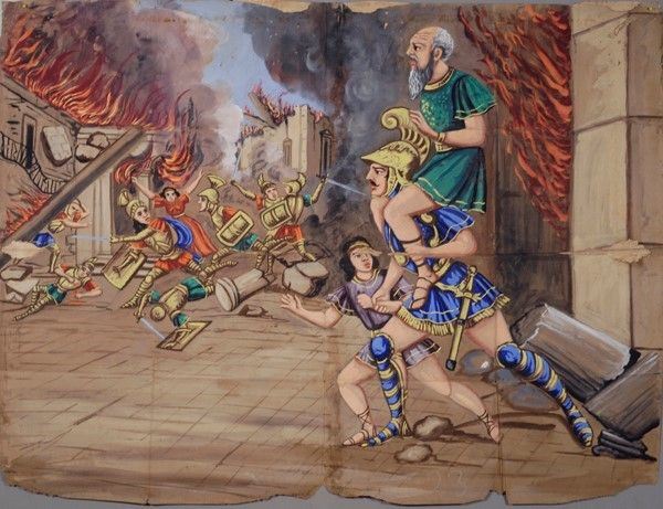 Troia in Fiamme.enea Salva il Padre Suo Anchise, ed il Piccolo Esteneatte