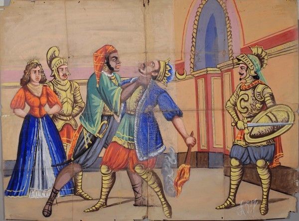 Il Re Galamerre da a fuoco il palazzo reale onde fare morire sua figlia e lo sposo;Perì strangila il traditore Galamerre  - Auction Collezioni di cartelloni dell'opera dei pupi siciliani - I - Galleria Pananti Casa d'Aste