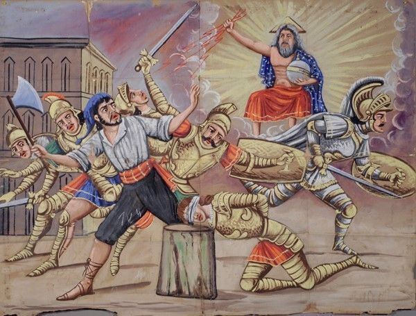 Alessandro manda a morte il capitano colombo, grande apparizione del padre eterno  - Auction Collezioni di cartelloni dell'opera dei pupi siciliani - I - Galleria Pananti Casa d'Aste
