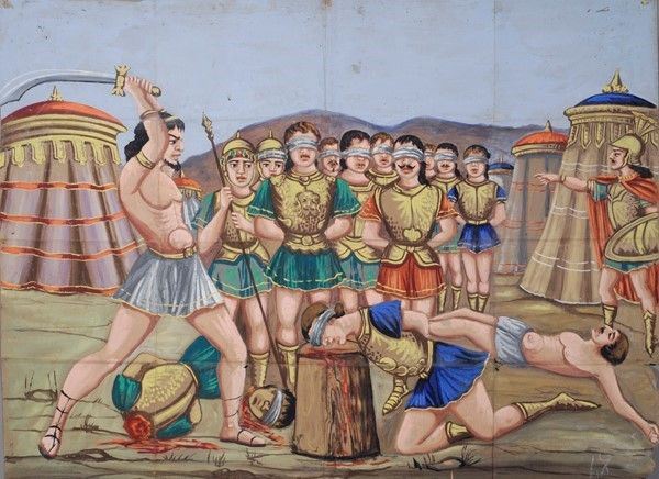 Achille fa decapitare nel campo i dodici filgi di Priamo  - Auction Collezioni di cartelloni dell'opera dei pupi siciliani - I - Galleria Pananti Casa d'Aste