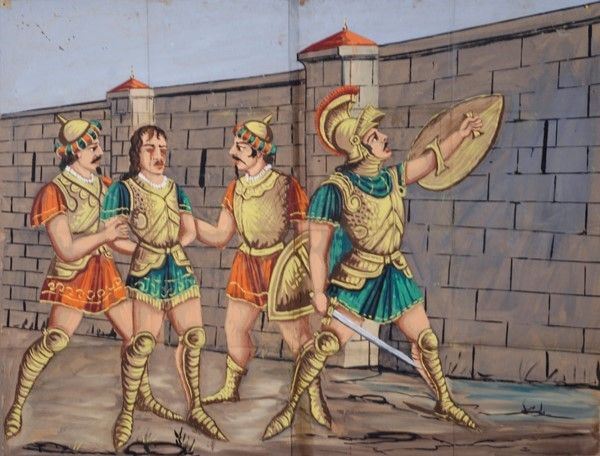 Achille fa strappare gli occhi ad un figlio  di Priamo cioè Eufobbo  - Auction Collezioni di cartelloni dell'opera dei pupi siciliani - I - Galleria Pananti Casa d'Aste