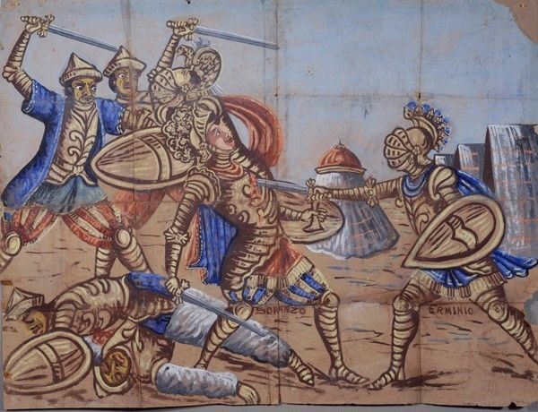 Erminio ferisce Soranzo  - Auction Collezioni di cartelloni dell'opera dei pupi siciliani - I - Galleria Pananti Casa d'Aste