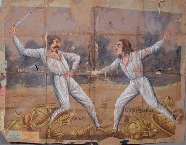 Duello all'ultimo sangue tra due guerrieri  - Asta Collezioni di cartelloni dell'opera dei pupi siciliani - I - Galleria Pananti Casa d'Aste