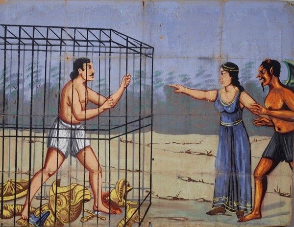 Urielle fa cadere le armi allo sposo  Meleagro e lo fa sotterrare dallo spirito  - Auction Collezioni di cartelloni dell'opera dei pupi siciliani - I - Galleria Pananti Casa d'Aste