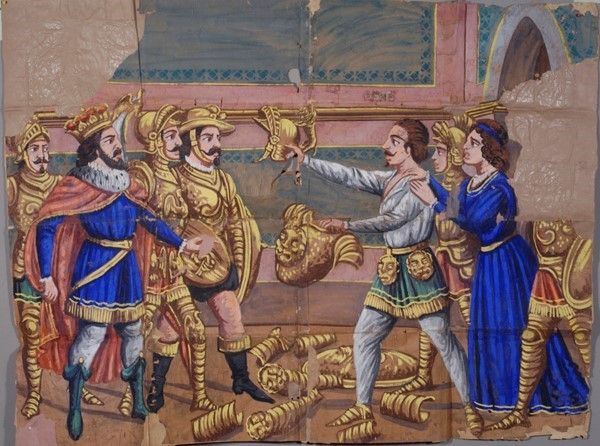 Rinaldo consegna le armi a Carlo  - Asta Collezioni di cartelloni dell'opera dei pupi siciliani - I - Galleria Pananti Casa d'Aste