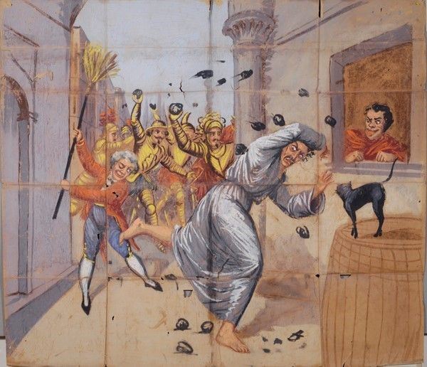 Gano viene perseguitato dai paladini a pietrate; Famiglio lo perseguita a colpi di scopa