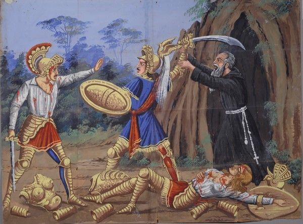 Idramoro uccide a Perinda.Guido Santo lo sottomette  - Auction Collezioni di cartelloni dell'opera dei pupi siciliani - I - Galleria Pananti Casa d'Aste