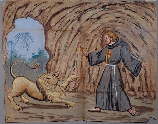 Guido ferma e rende mansueto un fiero leone, mercè la bandiera gloriosa