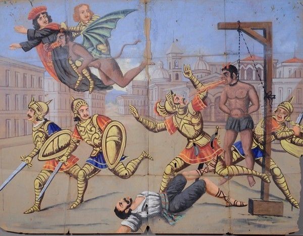 Rinaldo condannato alla forca ove viene liberato da Malagigi