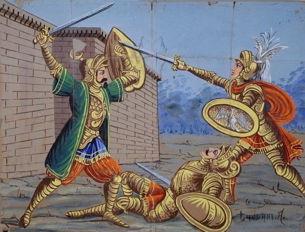 Guidone salva  Astolfo dall'ira di un saraceno  - Asta Collezioni di cartelloni dell'opera dei pupi siciliani - I - Galleria Pananti Casa d'Aste