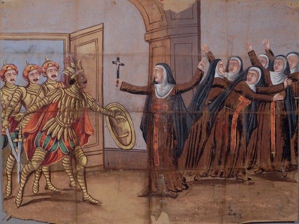 Evangiolina ferma Ideo dentro il monastero  - Auction Collezioni di cartelloni dell'opera dei pupi siciliani - I - Galleria Pananti Casa d'Aste