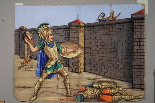 Achille spacca  la testa ad un figlio di Priamo, e la getta sui imuraglia  - Asta Collezioni di cartelloni dell'opera dei pupi siciliani - I - Galleria Pananti Casa d'Aste