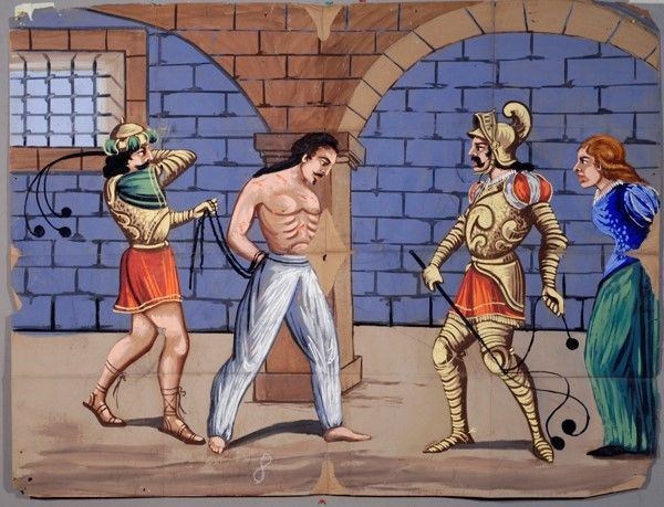 Il governatore di macedonia fa martirizare in prigione Astatira ed Altasers  - Asta Collezioni di cartelloni dell'opera dei pupi siciliani - I - Galleria Pananti Casa d'Aste